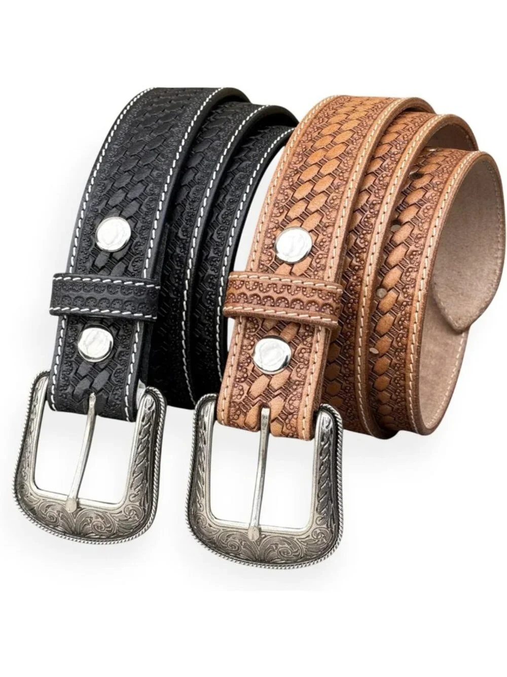 Handmade Full Grain Leather Western Belt for Men, Engraved Tooled Buckle, 1.5